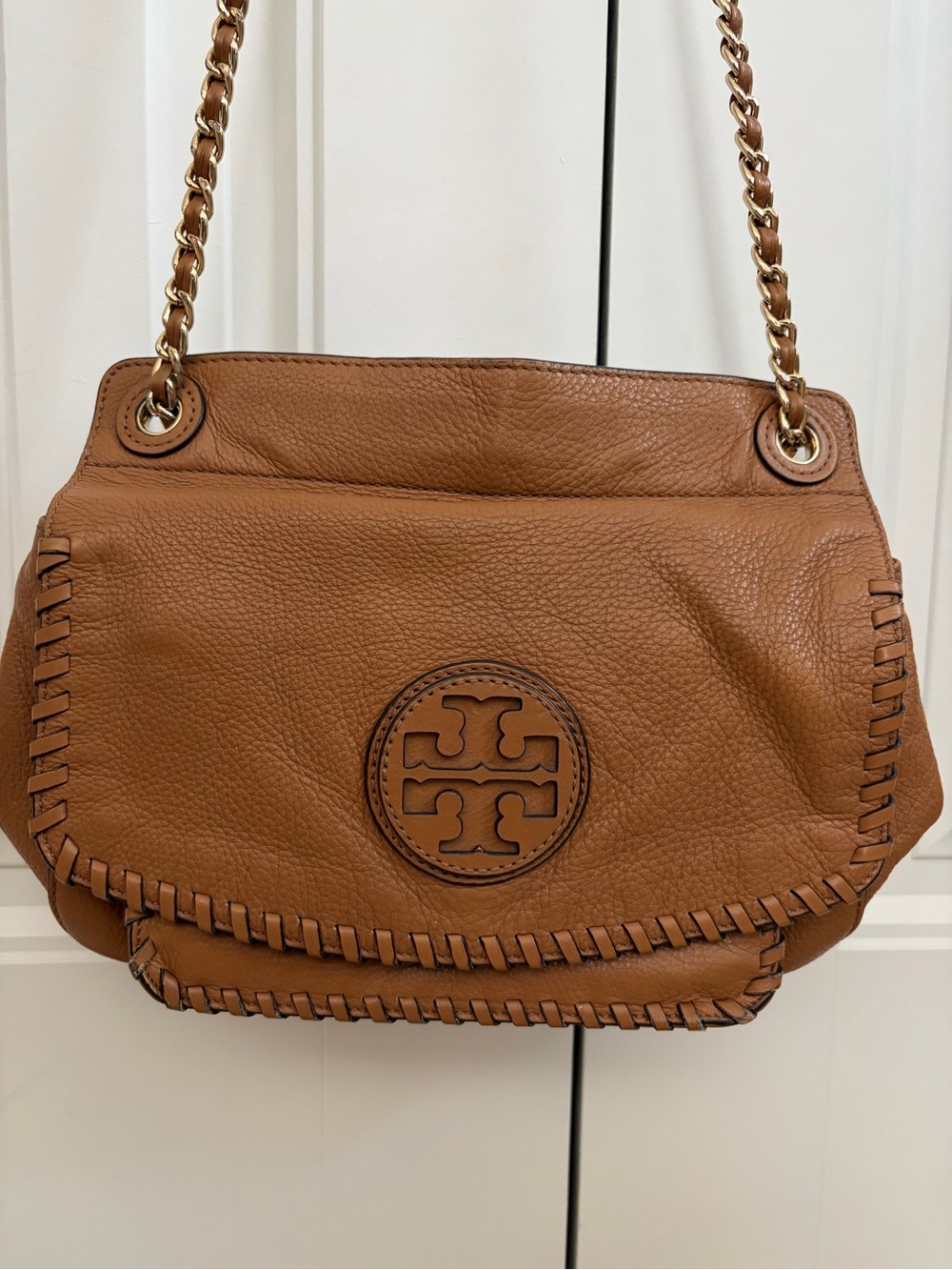 Tory Burch Marion Brown Pebbled Leather Whipstitch Chain Shoulder Bag